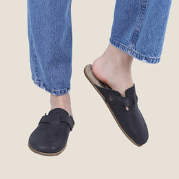 Grounding & Earthing Barefoot, Zero-Drop Crazy Leather Clogs for Women - Asphalt Black 15