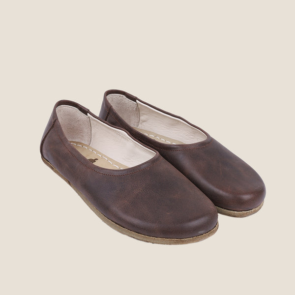 Grounding & Earthing Barefoot, Zero-Drop Loafer Crazy Leather Ballet Flats for Women - Dark Brown