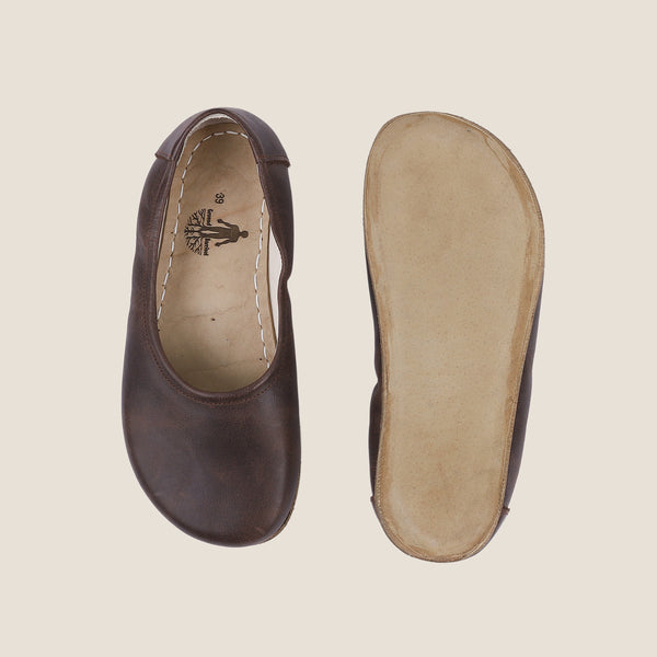 Grounding & Earthing Barefoot, Zero-Drop Loafer Crazy Leather Ballet Flats for Women - Dark Brown