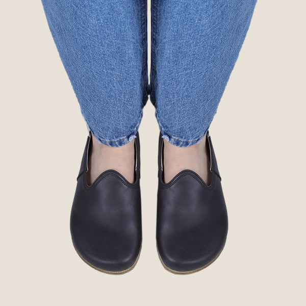 Grounding & Earthing Barefoot, Zero-Drop Loafer Crazy Leather Shoes for Women - Black