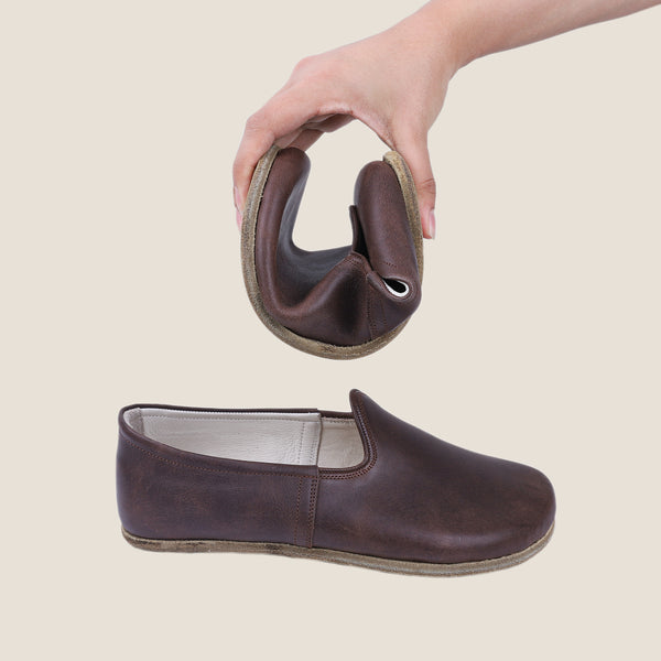 Grounding & Earthing Barefoot, Zero-Drop Loafer Crazy Leather Shoes for Women - Dark Brown