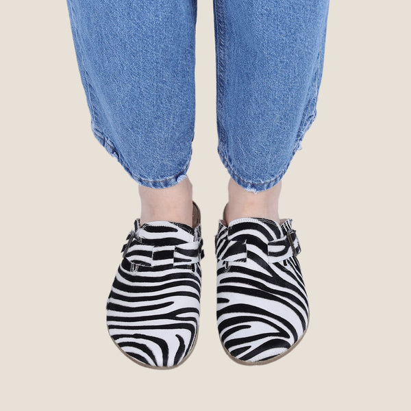 Grounding & Earthing Barefoot, Zero-Drop Hairy Leather Clogs for Women - Zebra