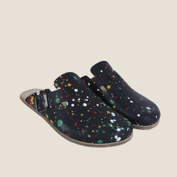 Grounding & Earthing Barefoot, Zero-Drop Leather Clogs for Women - Splatter - Black