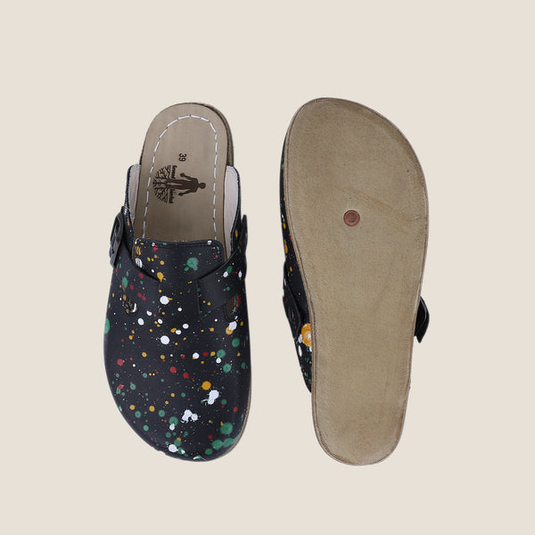 Grounding & Earthing Barefoot, Zero-Drop Leather Clogs for Women - Splatter - Black