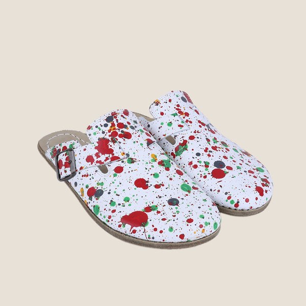 Grounding & Earthing Barefoot, Zero-Drop Leather Clogs for Women - Splatter - White