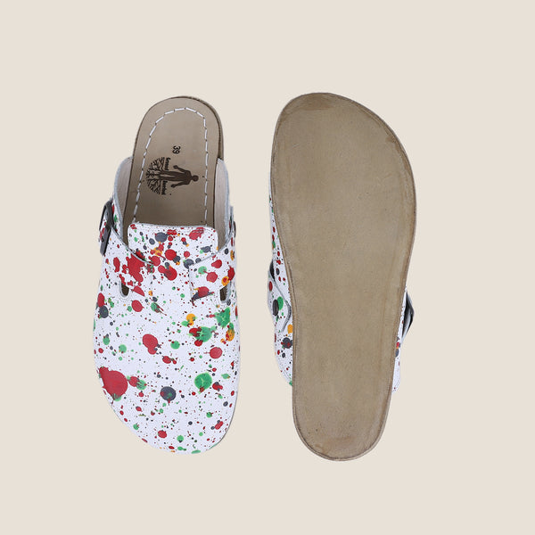 Grounding & Earthing Barefoot, Zero-Drop Leather Clogs for Women - Splatter - White