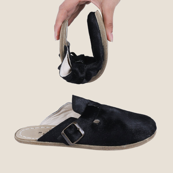 Grounding & Earthing Barefoot, Zero-Drop Hairy Leather Clogs for Women - Black