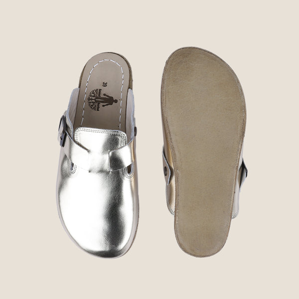 Grounding & Earthing Barefoot, Zero-Drop Bright Leather Clogs for Women - Metallic Gold