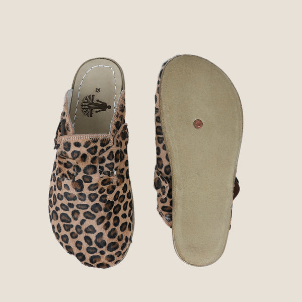 Grounding & Earthing Barefoot, Zero-Drop Hairy Leather Clogs for Women - Leopard
