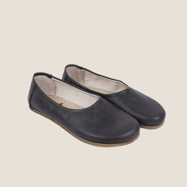 Grounding & Earthing Barefoot, Zero-Drop Crazy Leather Ballet Flats for Women - Black