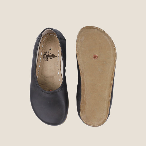 Grounding & Earthing Barefoot, Zero-Drop Crazy Leather Ballet Flats for Women - Black